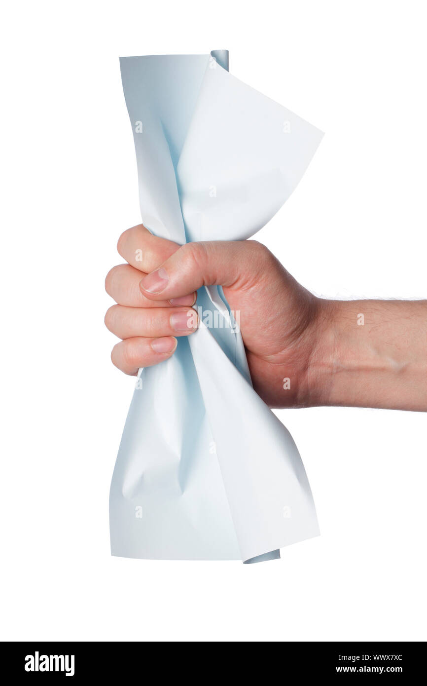 Hand of a man crushing a light blue paper Stock Photo Alamy