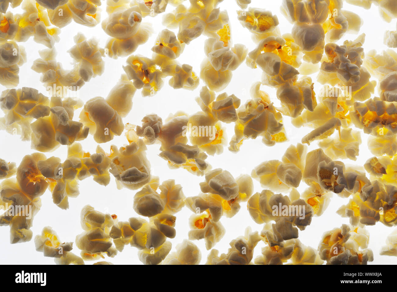 Popcorn in backlight on white background Stock Photo - Alamy
