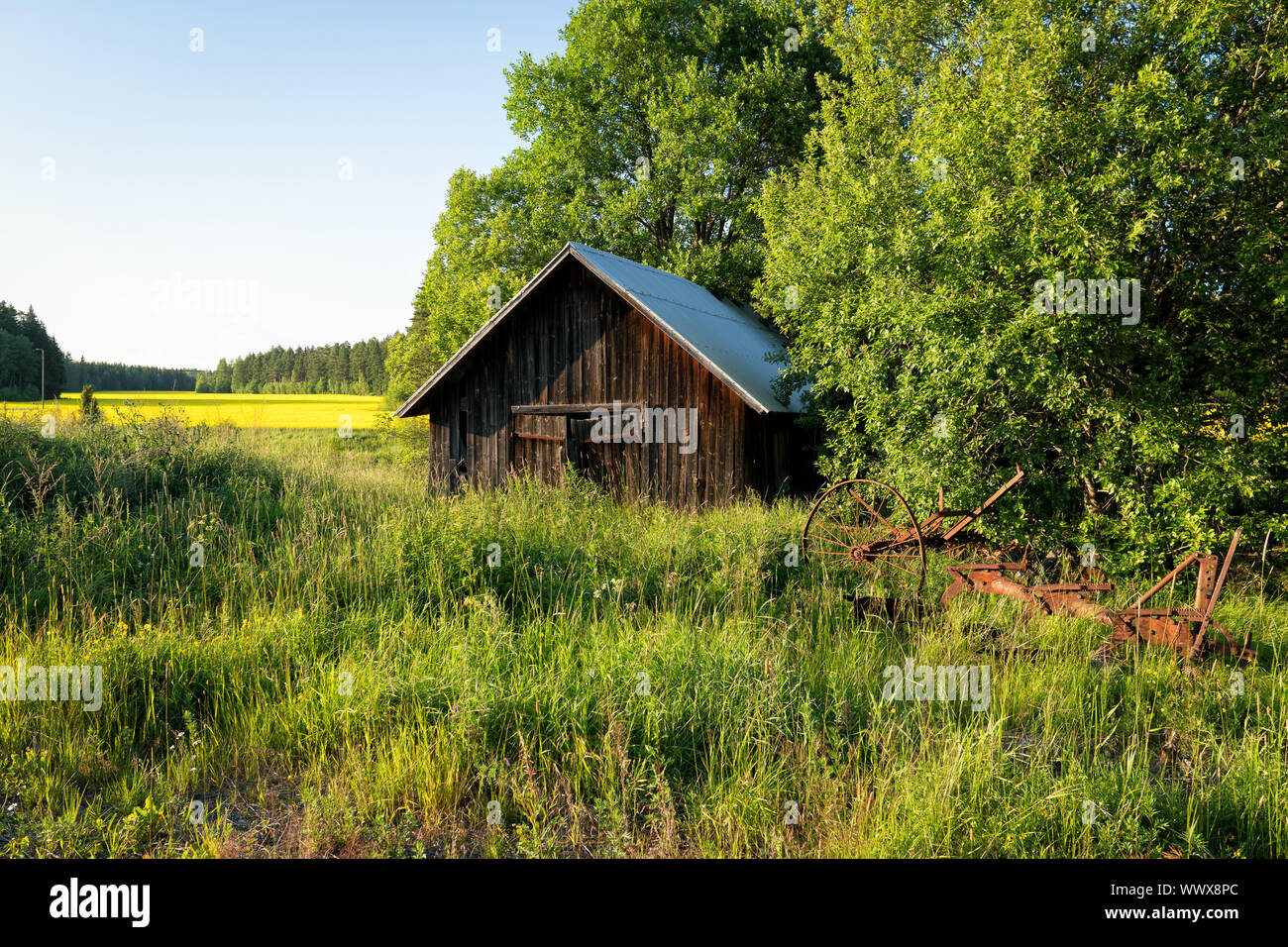 old Finnish wooden barn at Rusko, Finland. This taken in July 2017 Photo - Alamy