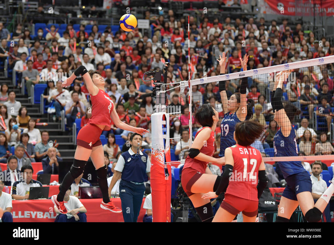 Yokohama, Japan. 16th Sep, 2019. Risa Shinnabe (1st L) of Japan spikes the ball during the Round Robin match between Japan and South Korea at the 2019 FIVB Women's World Cup in Yokohama, Japan, Sept. 16, 2019. Credit: Zhu Wei/Xinhua/Alamy Live News Stock Photo