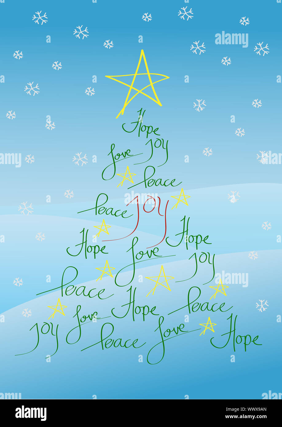 Christmas card or background, tree with yellow star and hand written ...