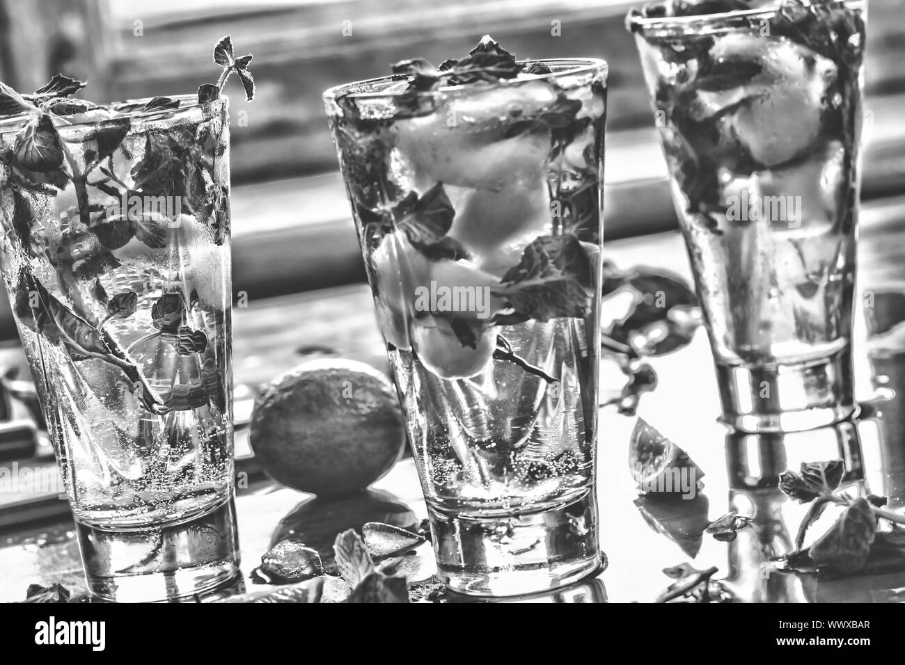 black and white photo.  homemade mojito cocktail, alcoholic or non-alcoholic cocktail, closeup Stock Photo