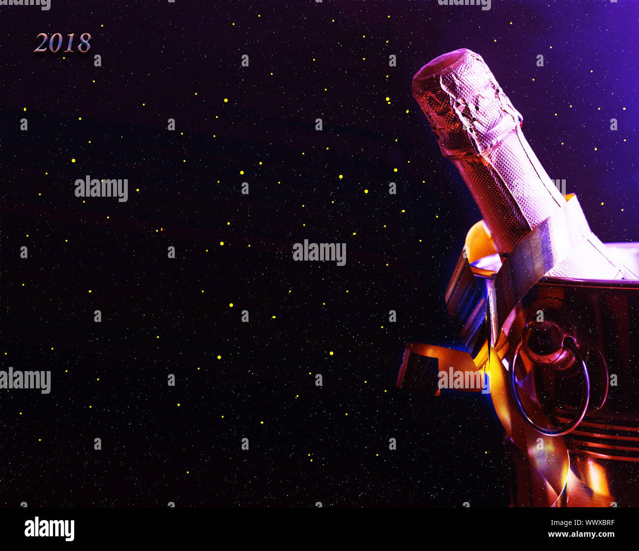 Champagne. Celebration. Birthday. Multi-colored lights and tinsel Stock ...