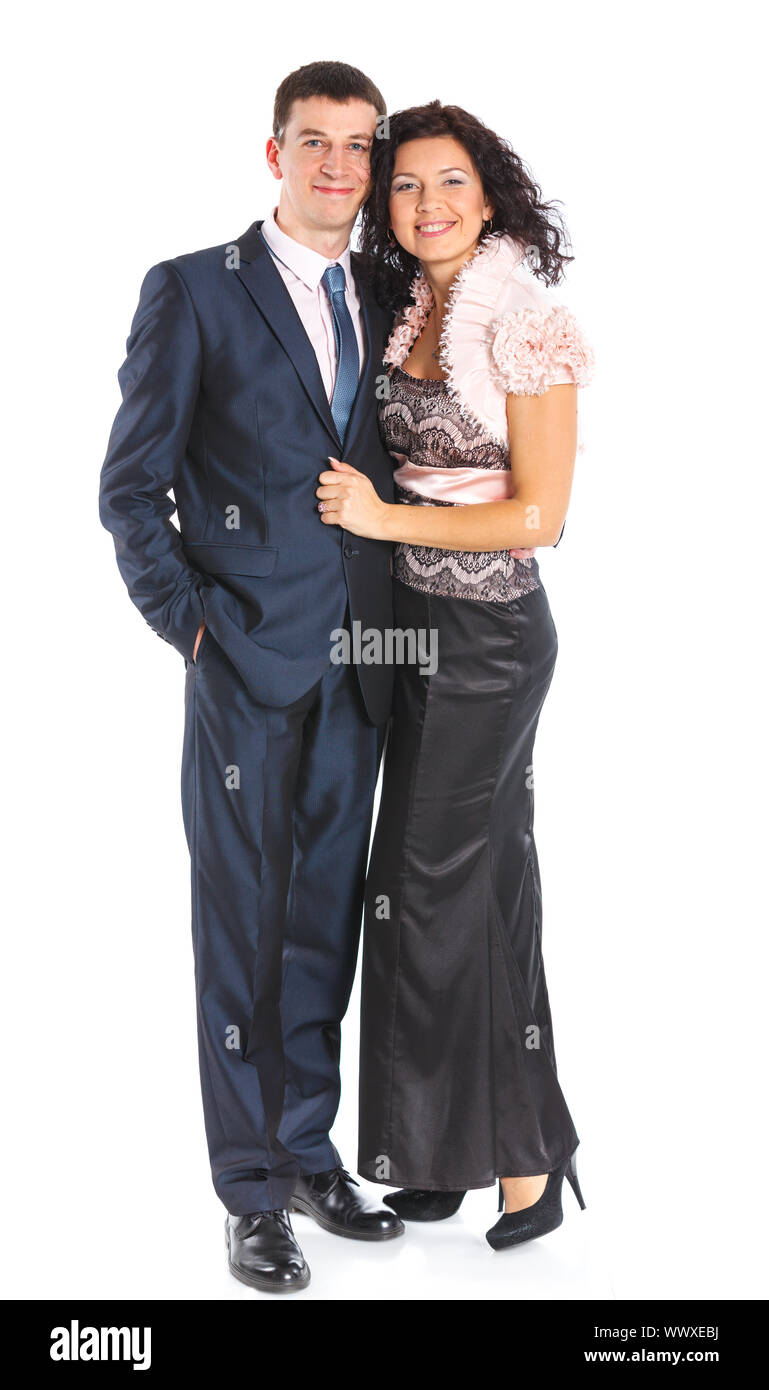 Sweet happy young couple smiling together. Isolated on white background ...