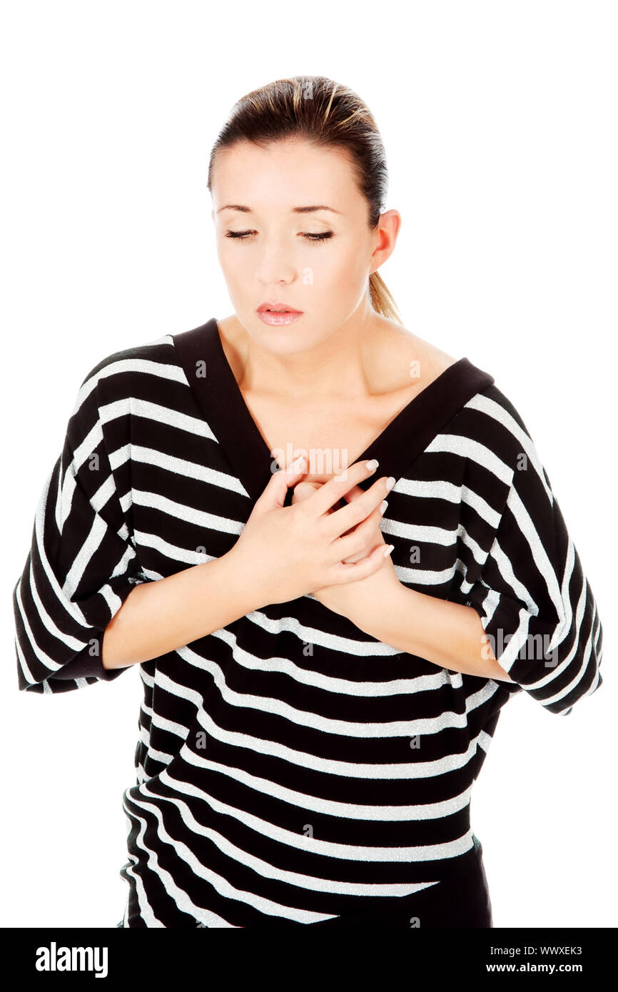 woman having chest pain, isolated on white background Stock Photo Alamy