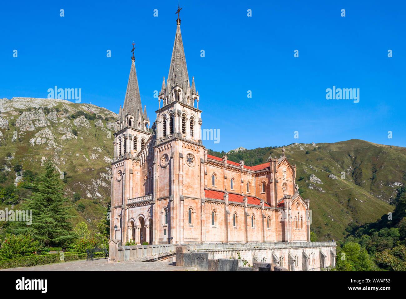 Church and Cave of worship, Covadonga is one point of the north route the Camino de Santiago Stock Photo