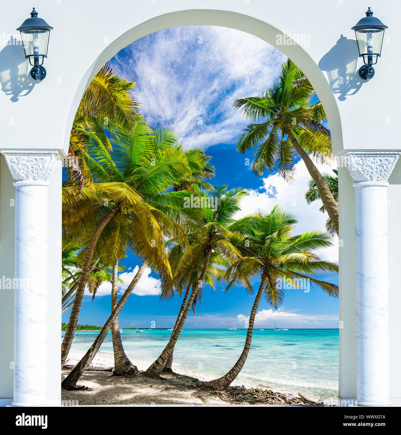 wooden open door arch exit to the beach caribbean dominican republic Stock Photo