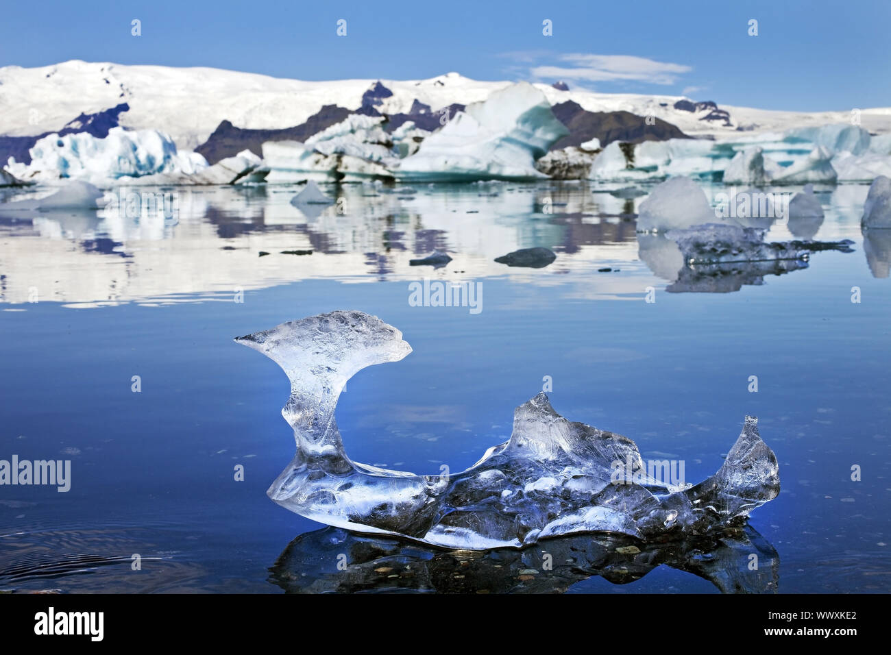 piece of ice in front of the glacier lagoon Joekulsarlon, Vatnajoekull National Park, Iceland Europe Stock Photo
