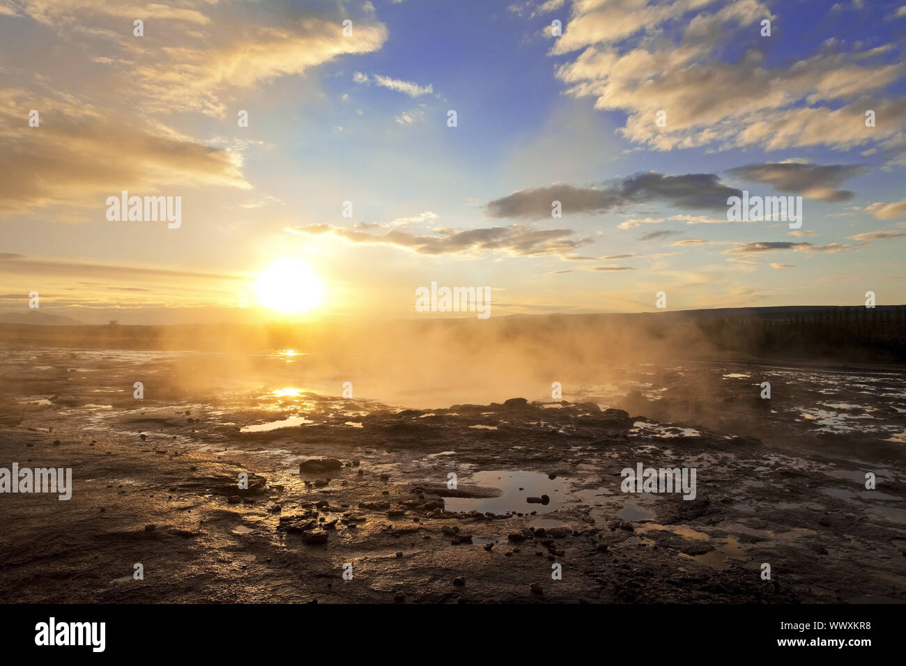 vapor cloud at Strokkur at sunrise, geothermal area Haukadalur, South Iceland, Iceland, Europe Stock Photo