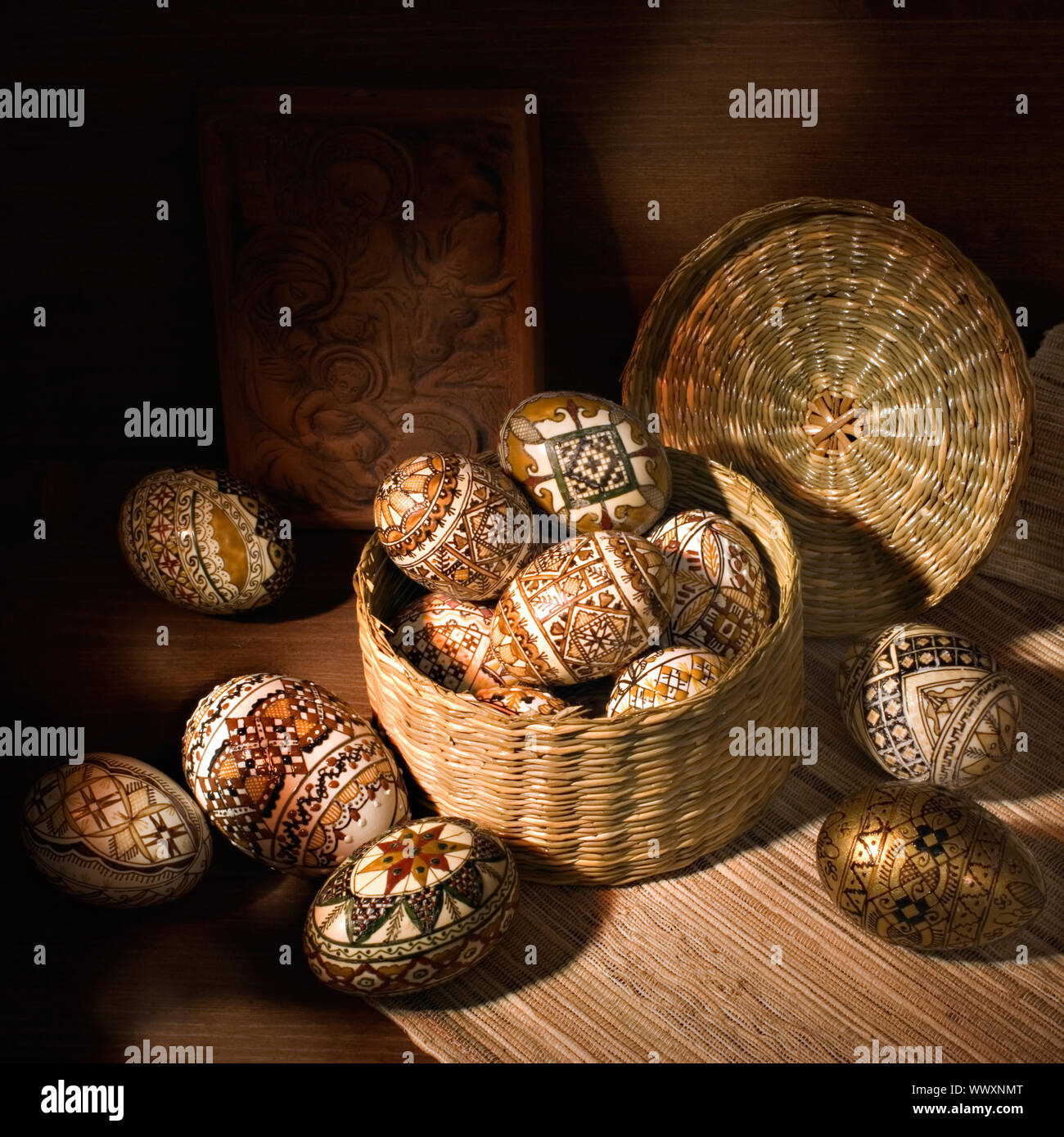 handmade brown romanian decorated easter egg still-life Stock Photo
