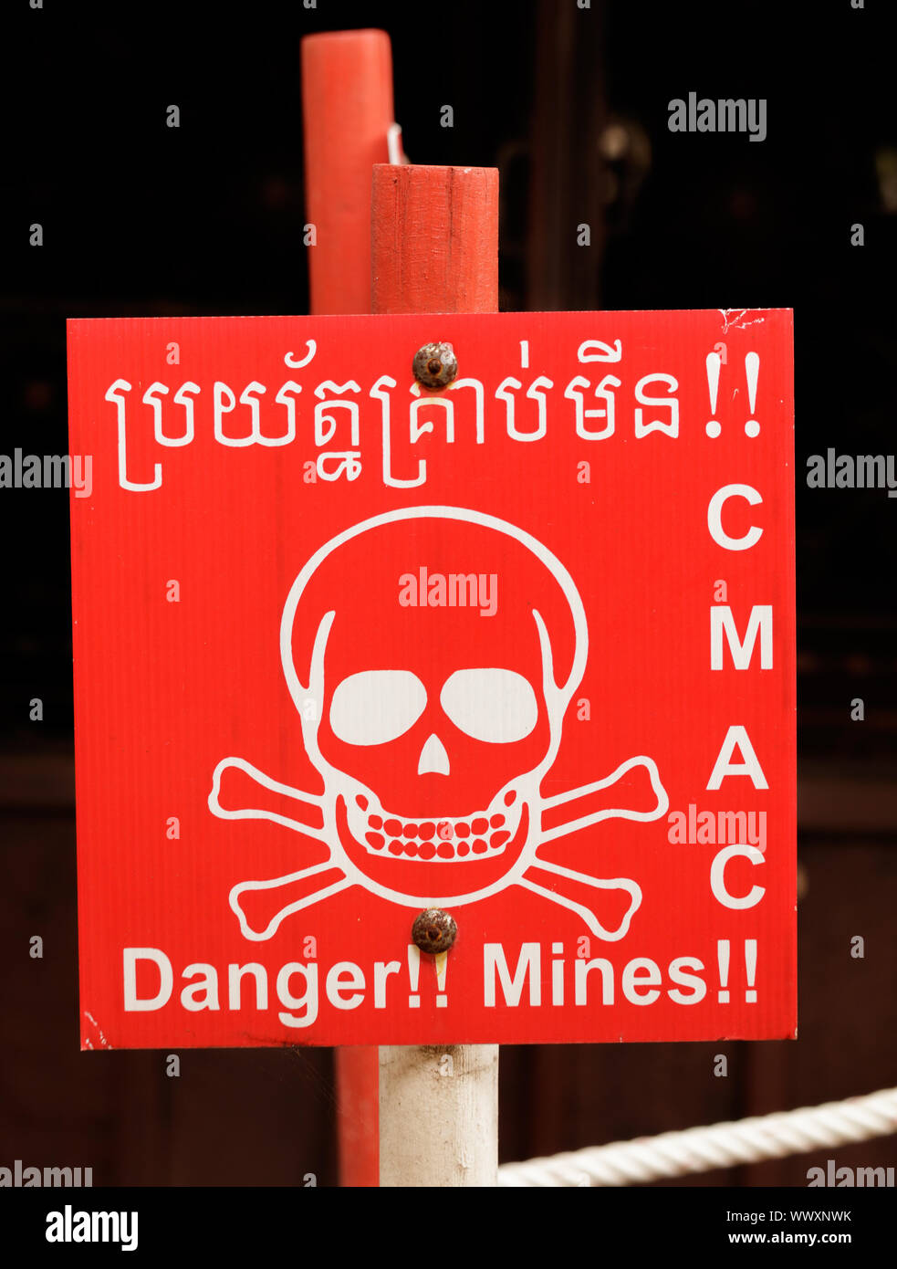 Land mine warning sign in Cambodia Stock Photo