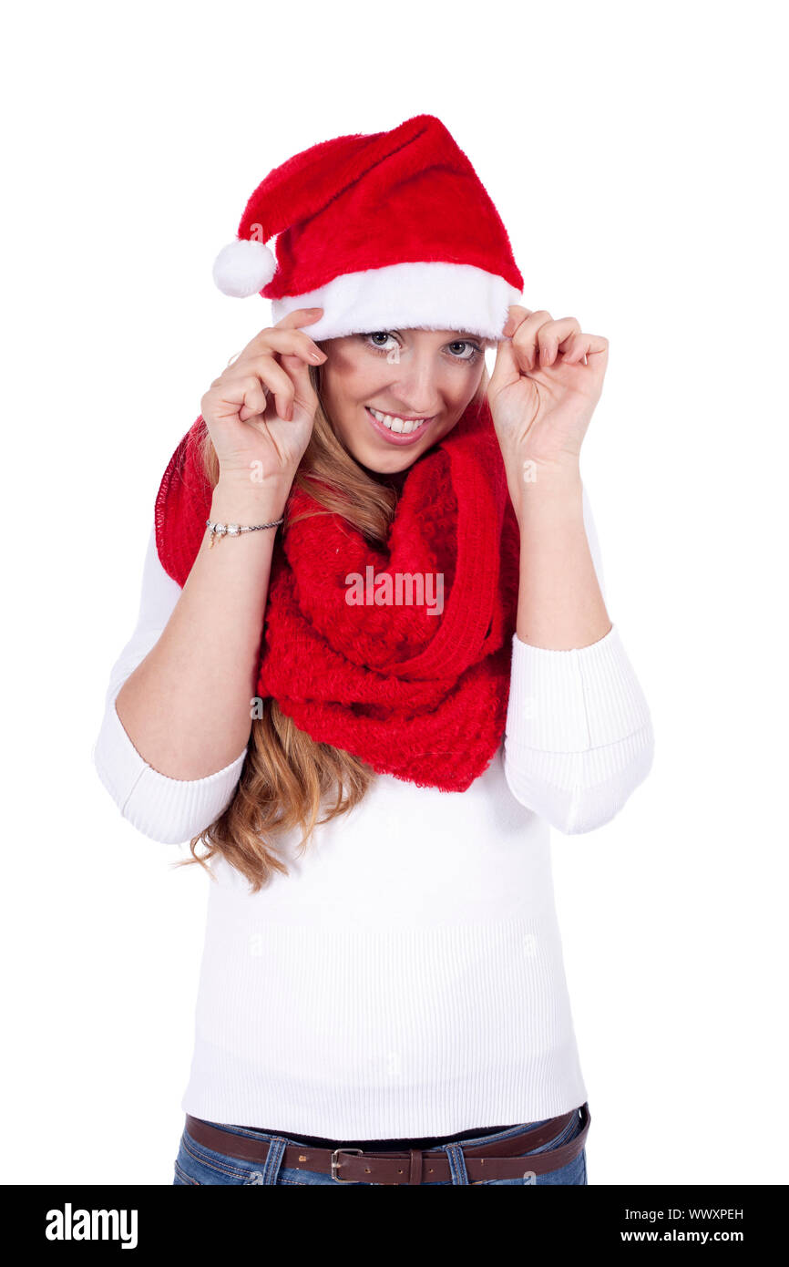 young beautiful woman with red scarf and christmas hat Stock Photo