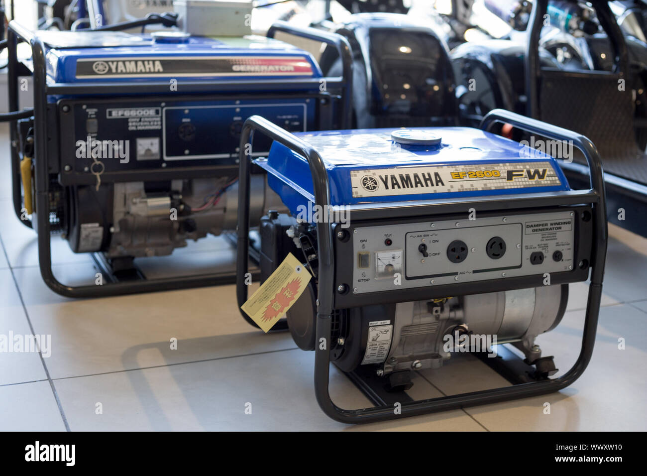 Russia, Izhevsk - August 23, 2019: Yamaha showroom. Modern diesel generators Yamaha. Famous world brand. Stock Photo