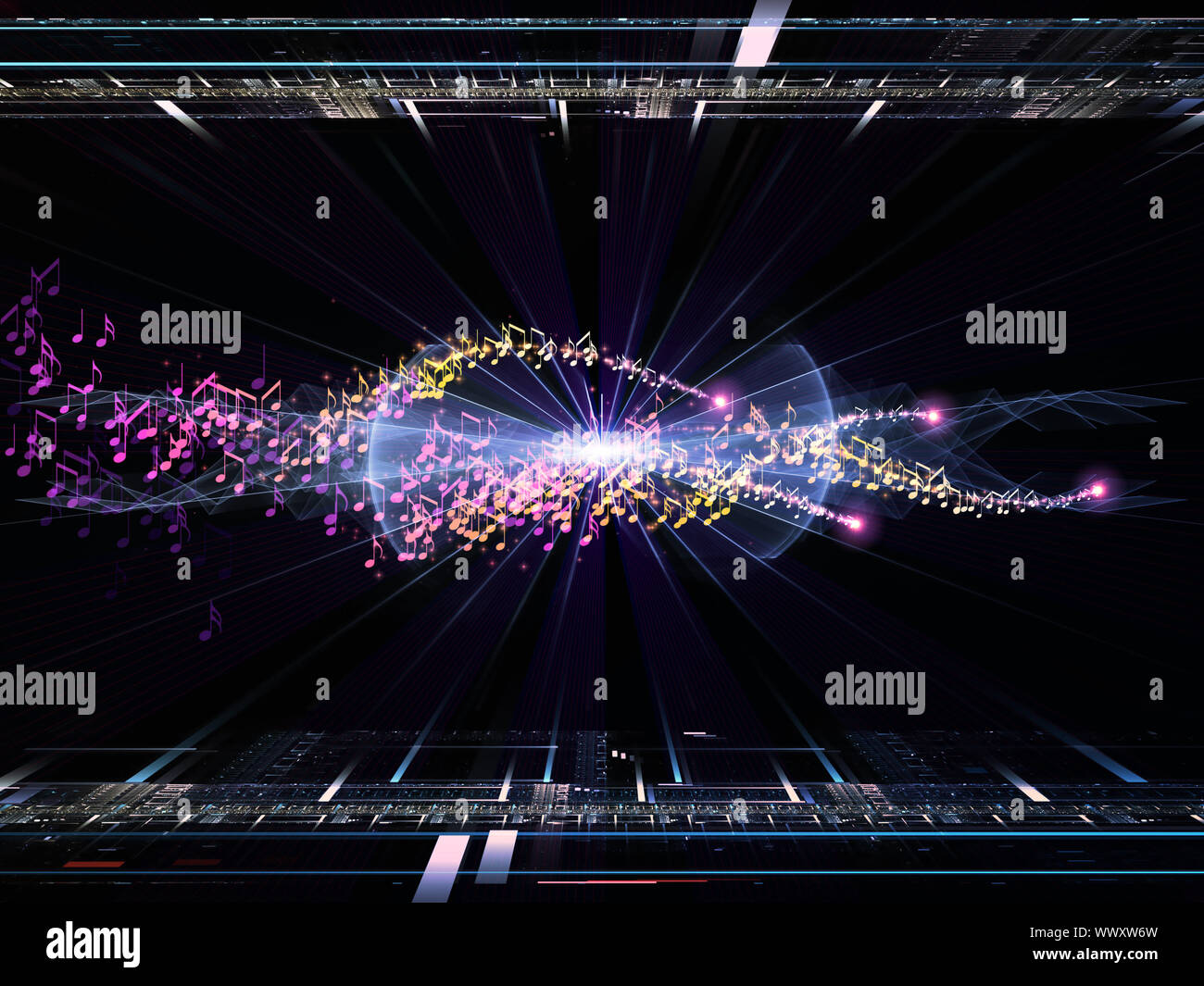 Abstract arrangement of fractal grids, lights and musical notes ...