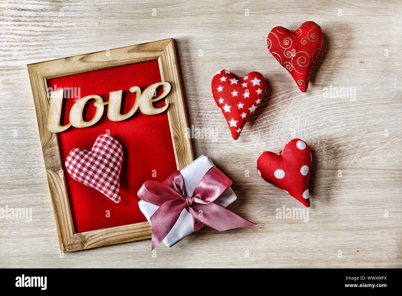 Valentine's Day Background hearts homemade gift box and red frame with free space for text Stock Photo