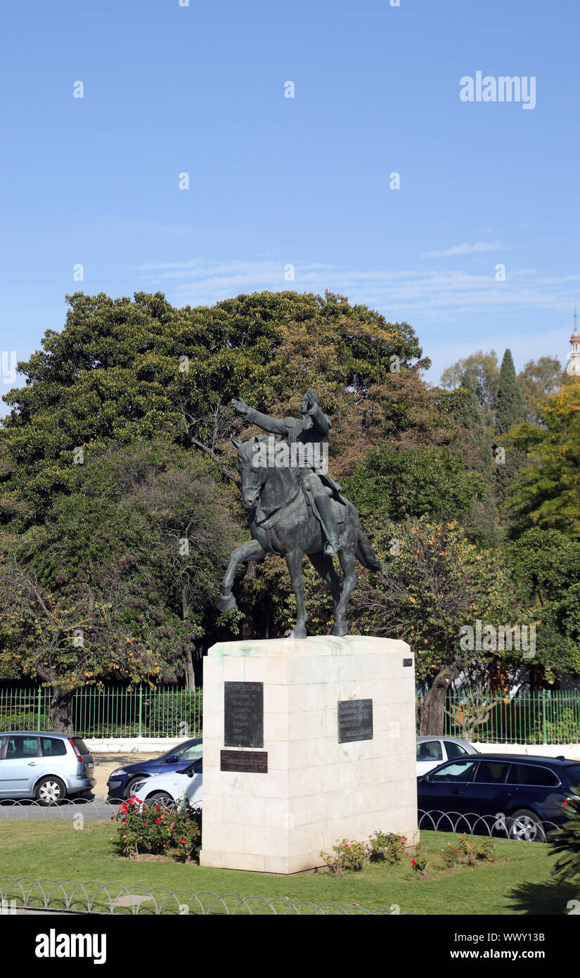 Equestrian statue Simon Bolivar in front of the Maria Luisa Park Stock Photo
