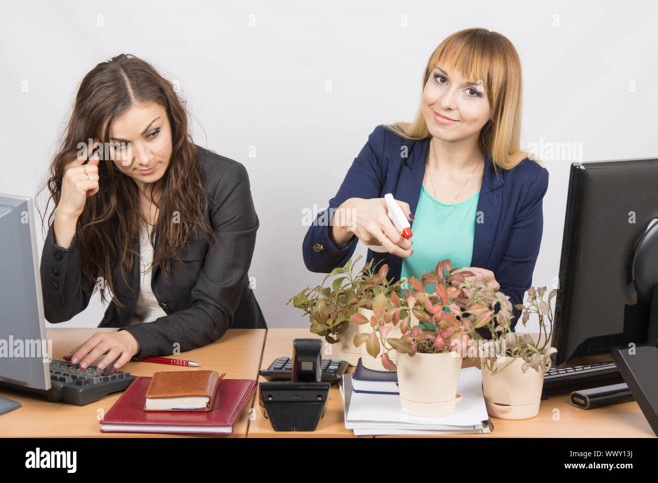 Office employee considers crazy colleague - a lover of flowers Stock Photo