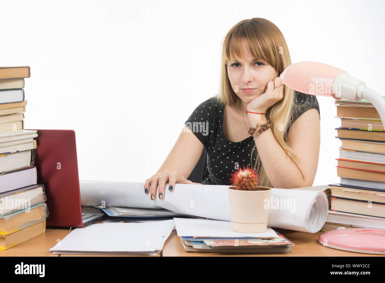 Student with contempt and weariness looks in the frame Stock Photo