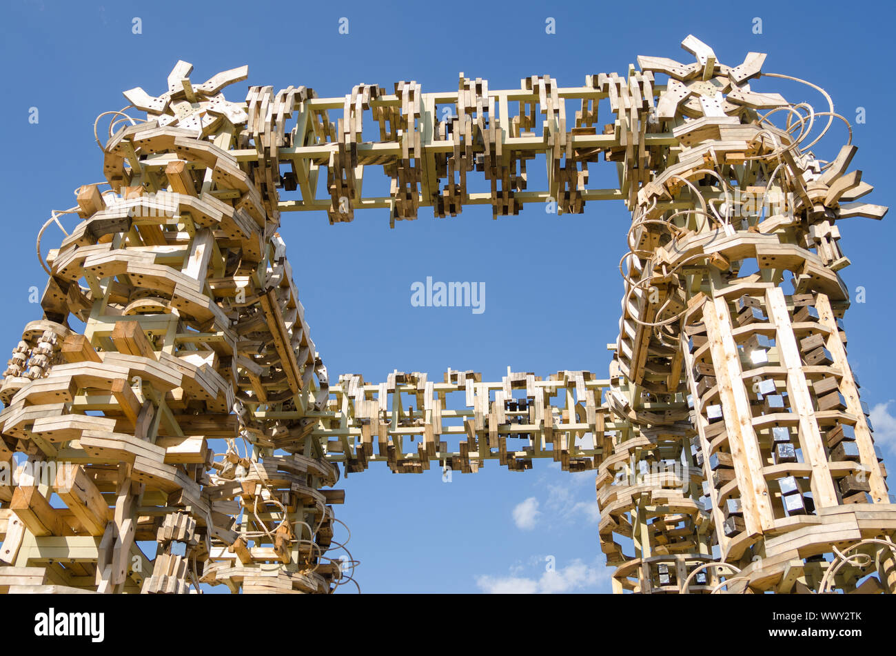 Moscow, Russia - August 10, 2015: The top part of the structure of wooden beams constructed by students in the territory ENEA Stock Photo