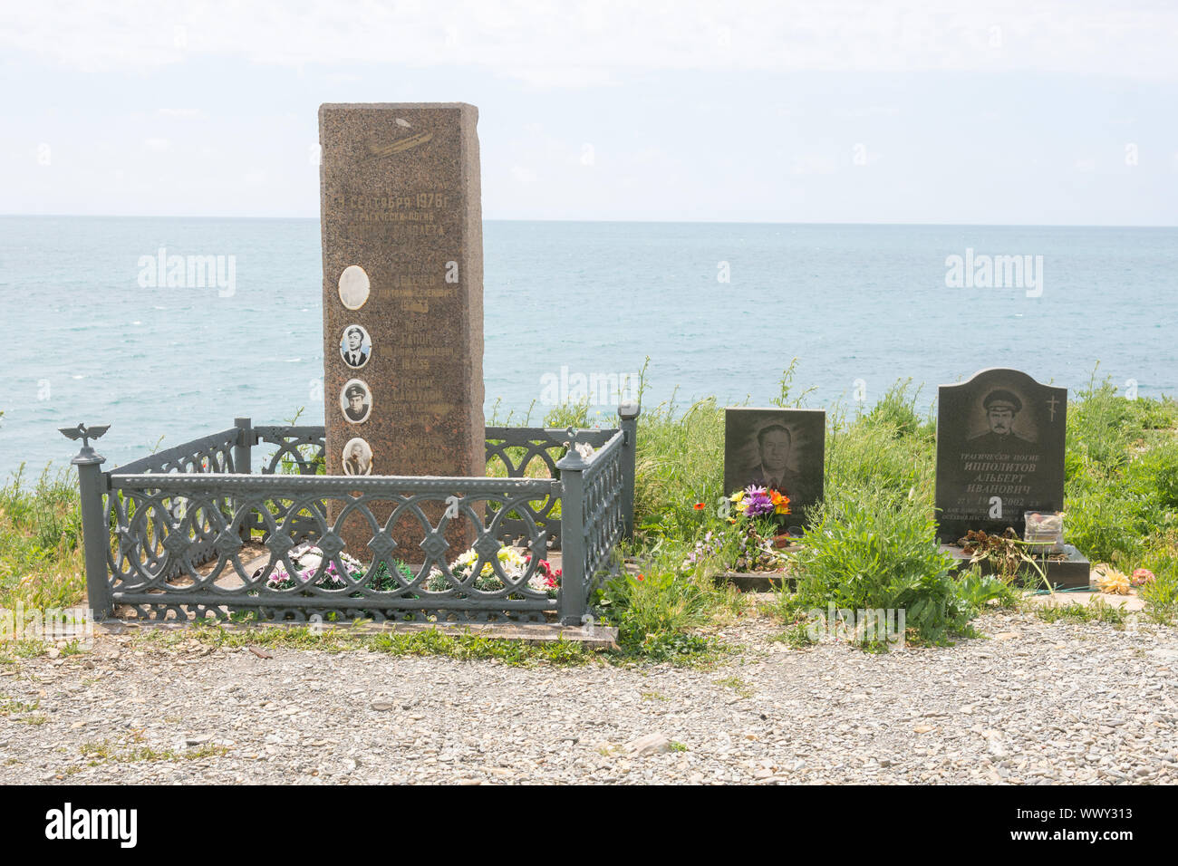 Big Utrish, Russia - May 17, 2016: Monument to the crew of the aircraft Yak-40 crashed in 1976 off the island of Utrish Stock Photo