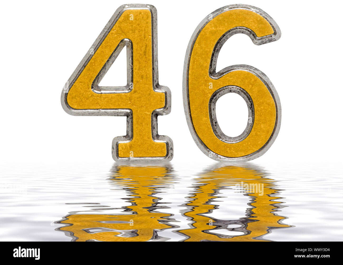 Numeral 46, forty six, reflected on the water surface, isolated on