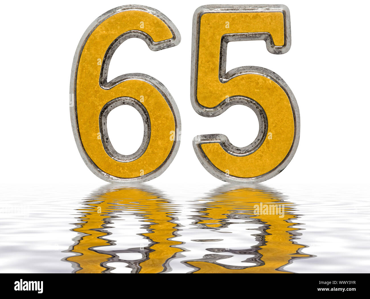 Numeral 65, sixty five, reflected on the water surface, isolated on ...