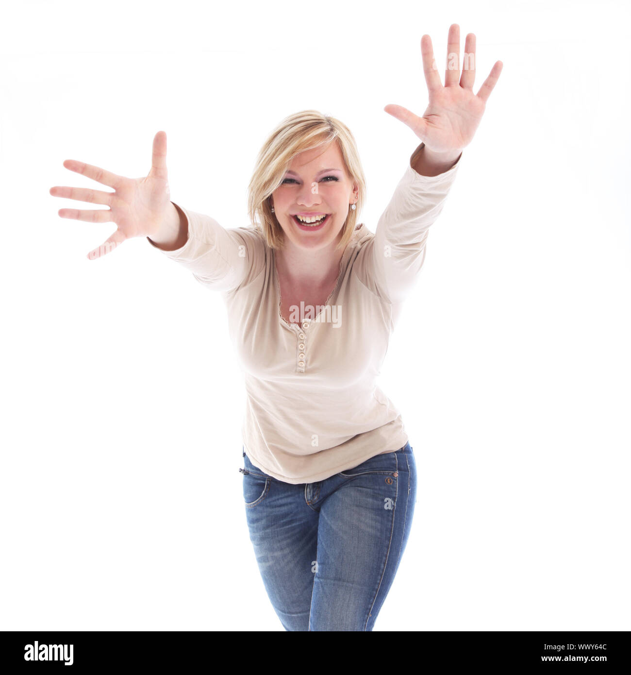 Laughing Playful Woman With Outstretched Arms And Hands Extended Leaning Towards The Camera Isolated On White Stock Photo Alamy Laughing Playful Woman With Outstretched Arms And Hands Extended Leaning Towards The Camera Isolated On White Stock Photo Alamy