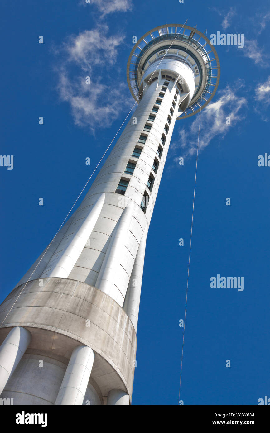 Auckland sky tower, base view. with blue sky. The tallest fress-standing  structure in the southern hemisphere Stock Photo - Alamy