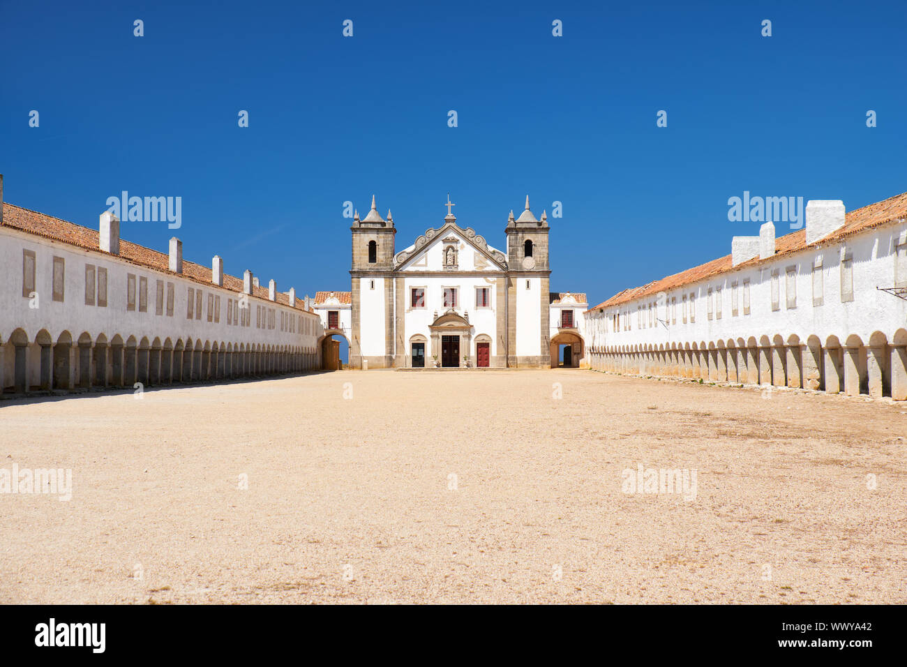 The 15th century Our Lady of the Cape or Nossa Senhora do Cabo Church near cape Espichel, Portugal Stock Photo