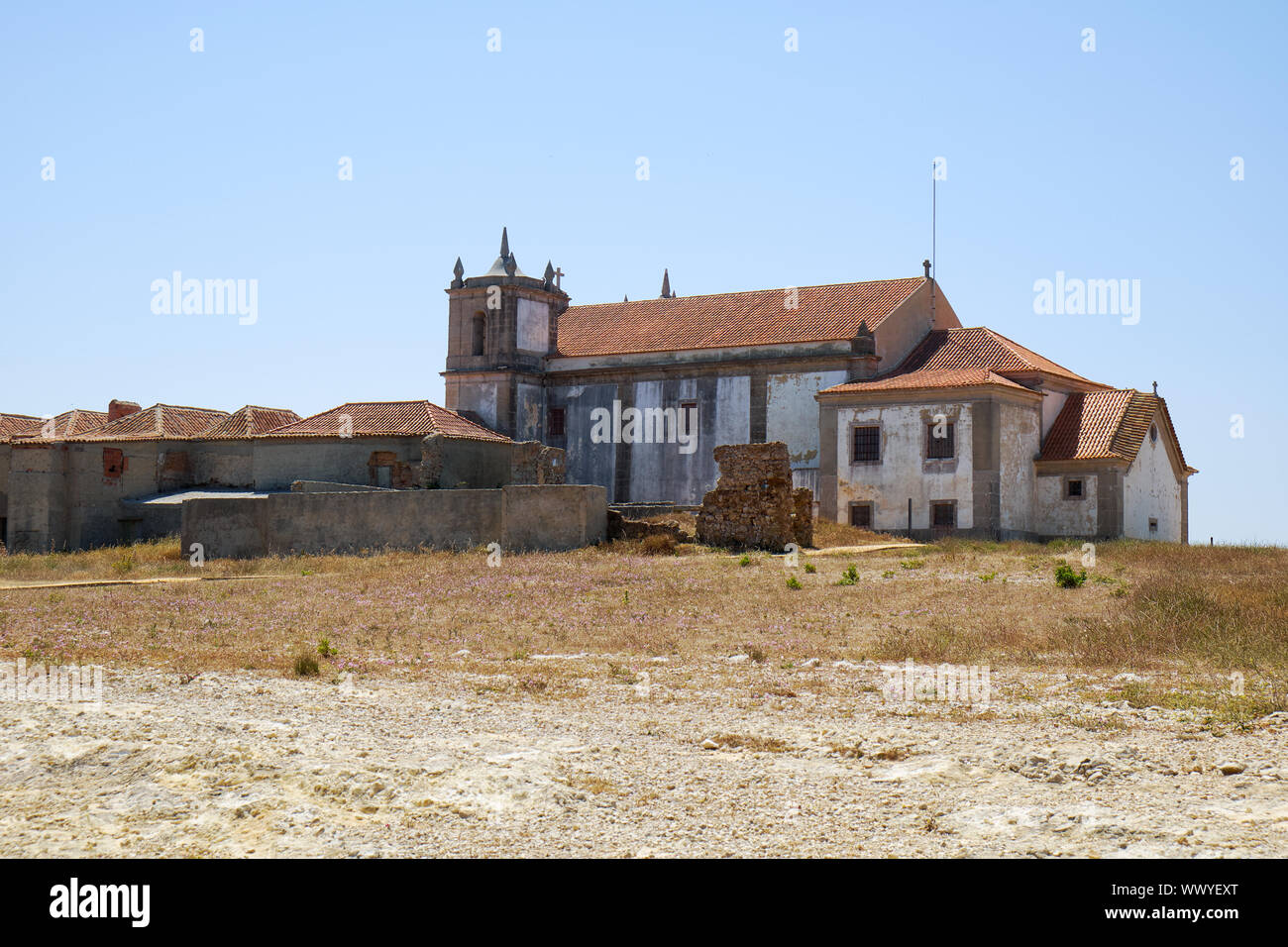 The view of Nossa Senhora do Cabo Church on the cape Espichel in Sesimbra, Portugal Stock Photo