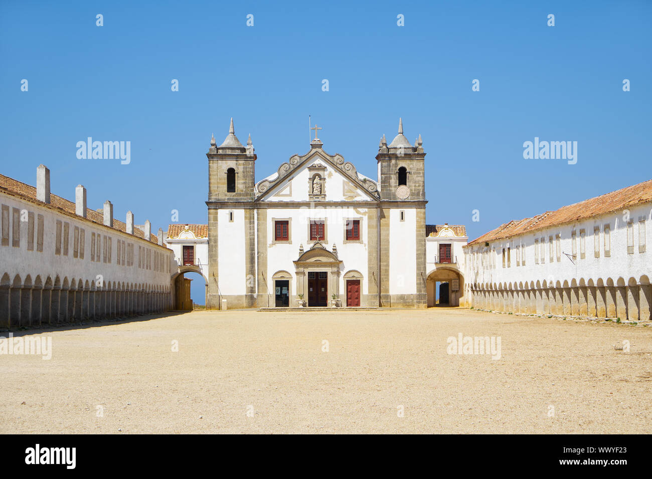 The 15th century Our Lady of the Cape or Nossa Senhora do Cabo Church near cape Espichel, Portugal Stock Photo