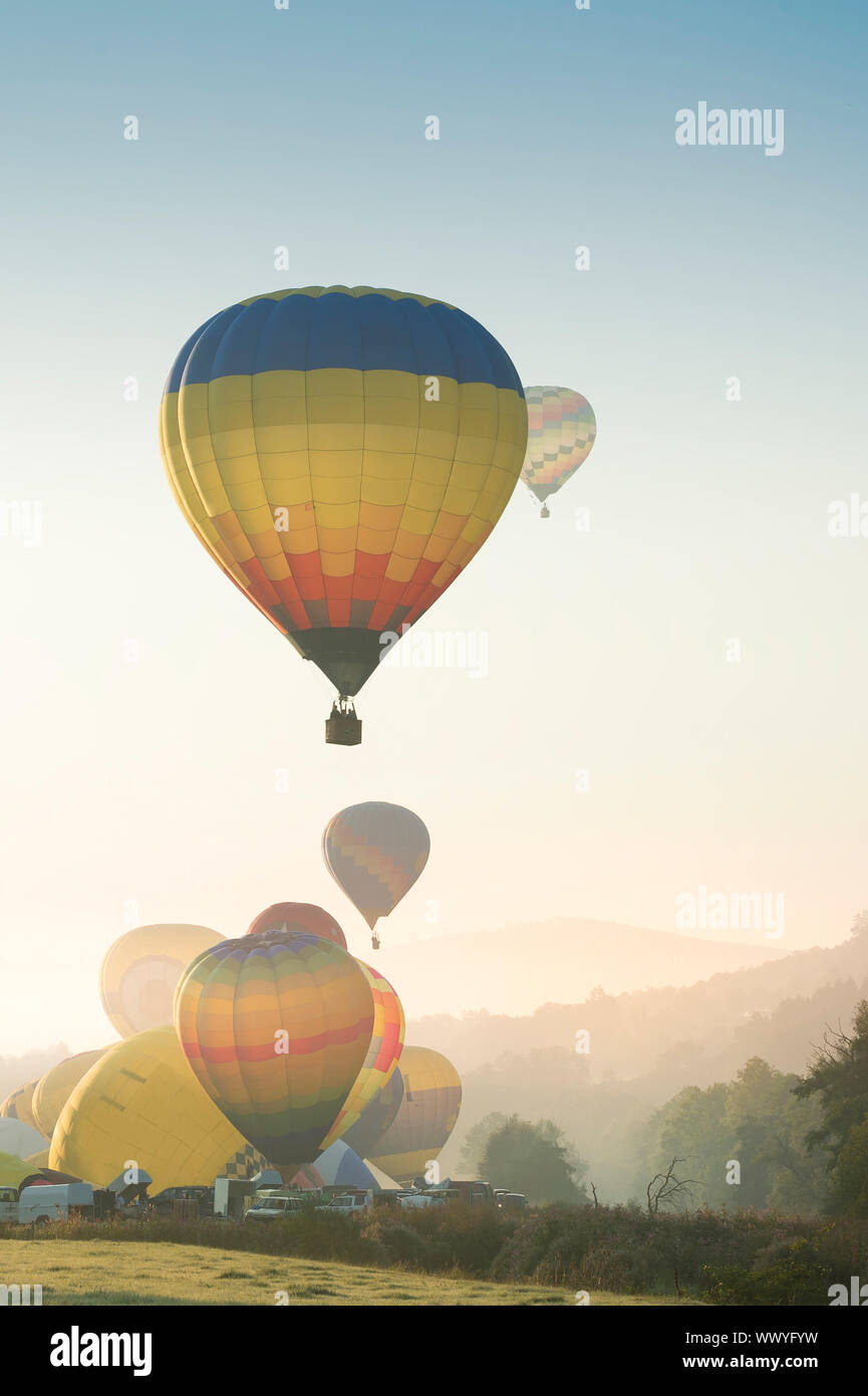 A hot air balloon starts its flight. It's early morning, the fog is above nature. Several balloons are ready to go. Stock Photo