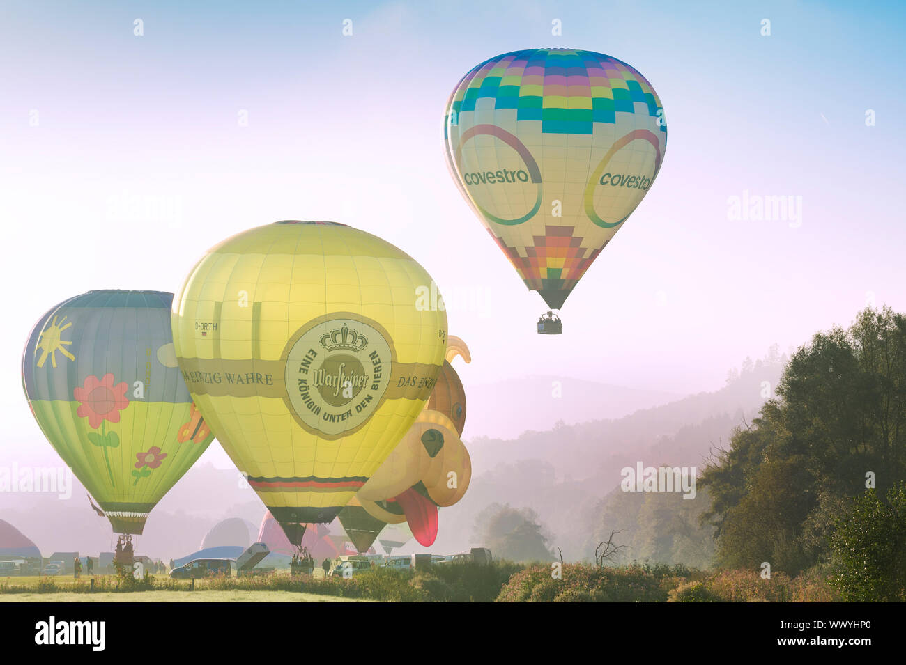 Arnsberg, North Rhine Wesstphalia/Germany - August 31st 2019: Start of the hot air balloons in Oeventrop/Arnsberg in the morning mist. Warsteiner Inte Stock Photo