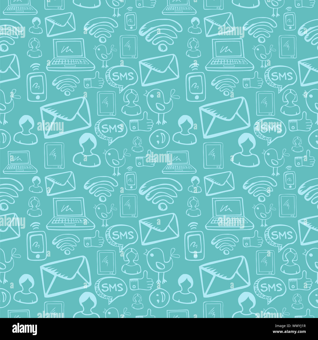 Social media cartoon icons seamless pattern over sky blue background. Vector file layered for easy manipulation and custom coloring. Stock Photo