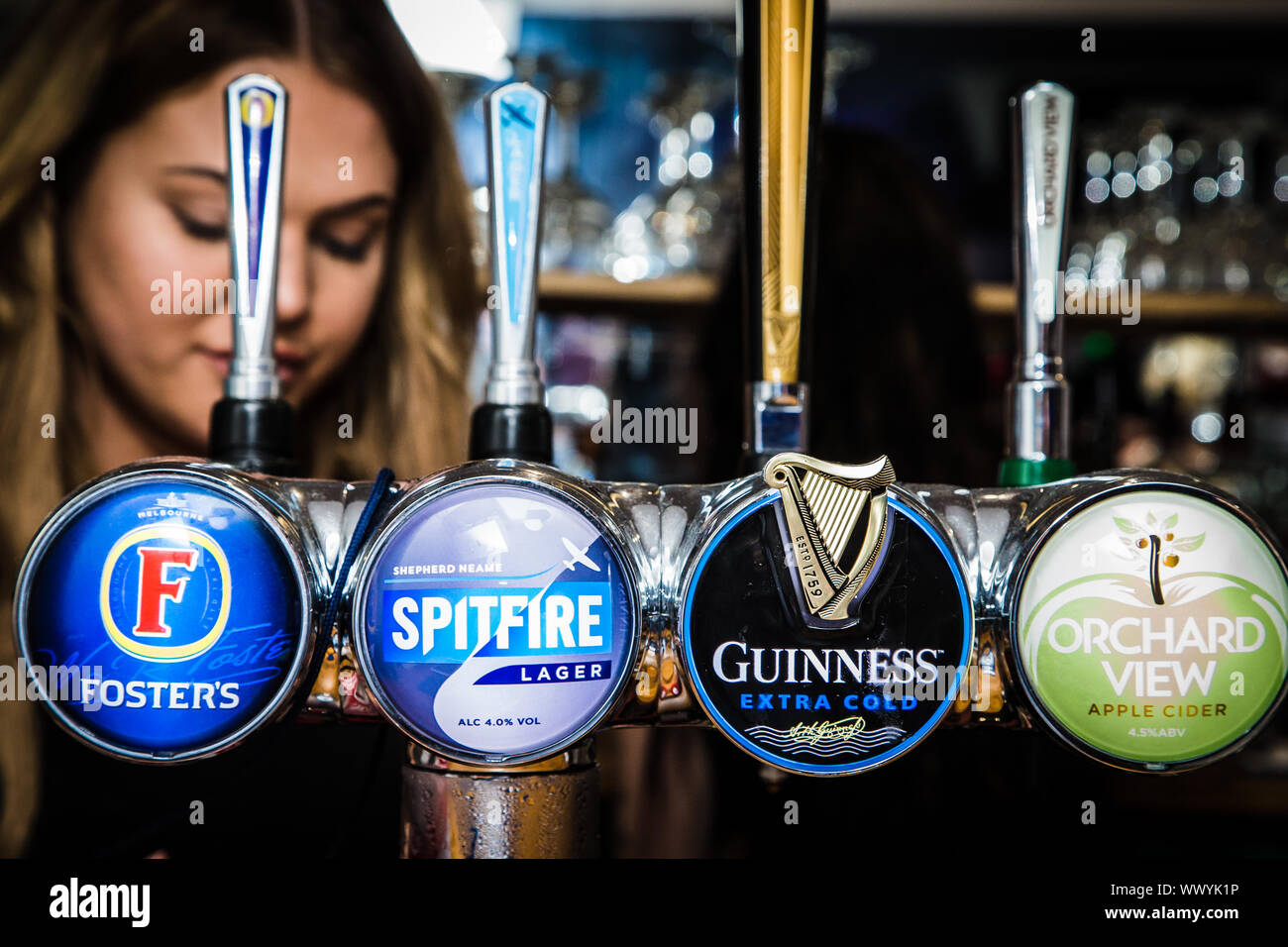 A Barmaid stands behind Beer and Cider pumps in a club. Stock Photo