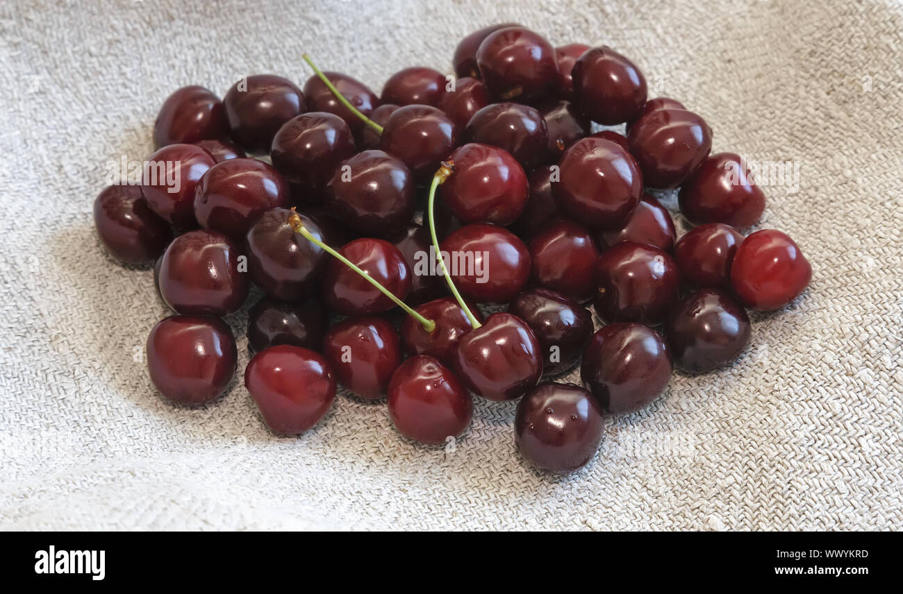 Ripe cherries on the table on a napkin. Stock Photo