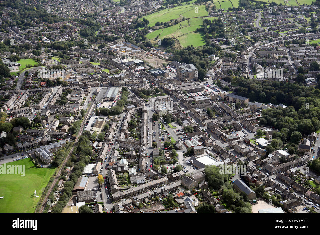 aerial view of Glossop town centre from the north west, Derbyshire, UK