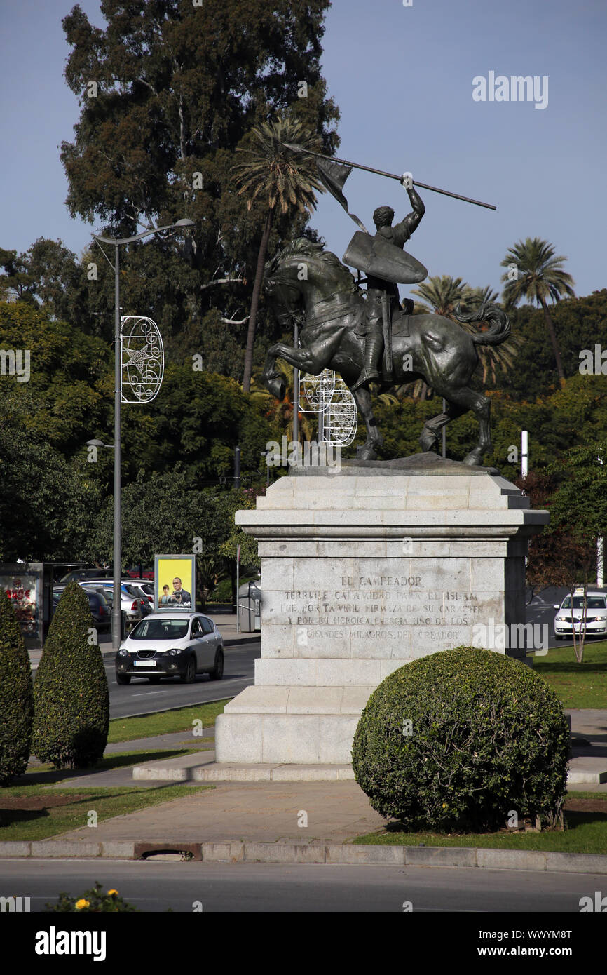 Equestrian statue Simon Bolivar in front of the Maria Luisa Park Stock Photo