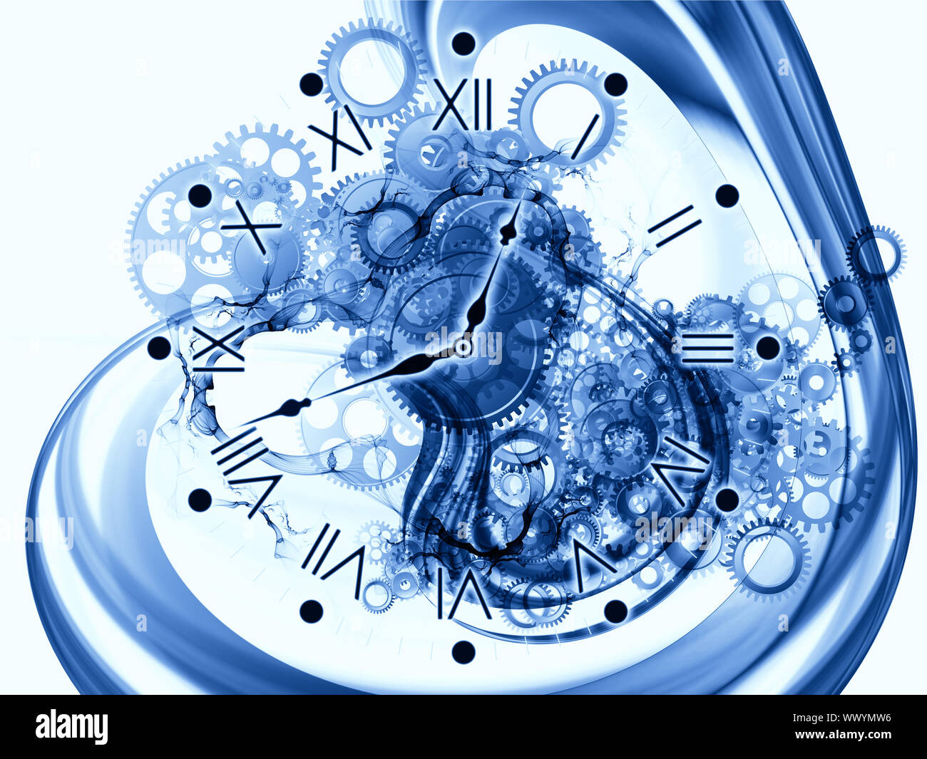 Composition of gears, clock elements, dials and dynamic swirly lines on