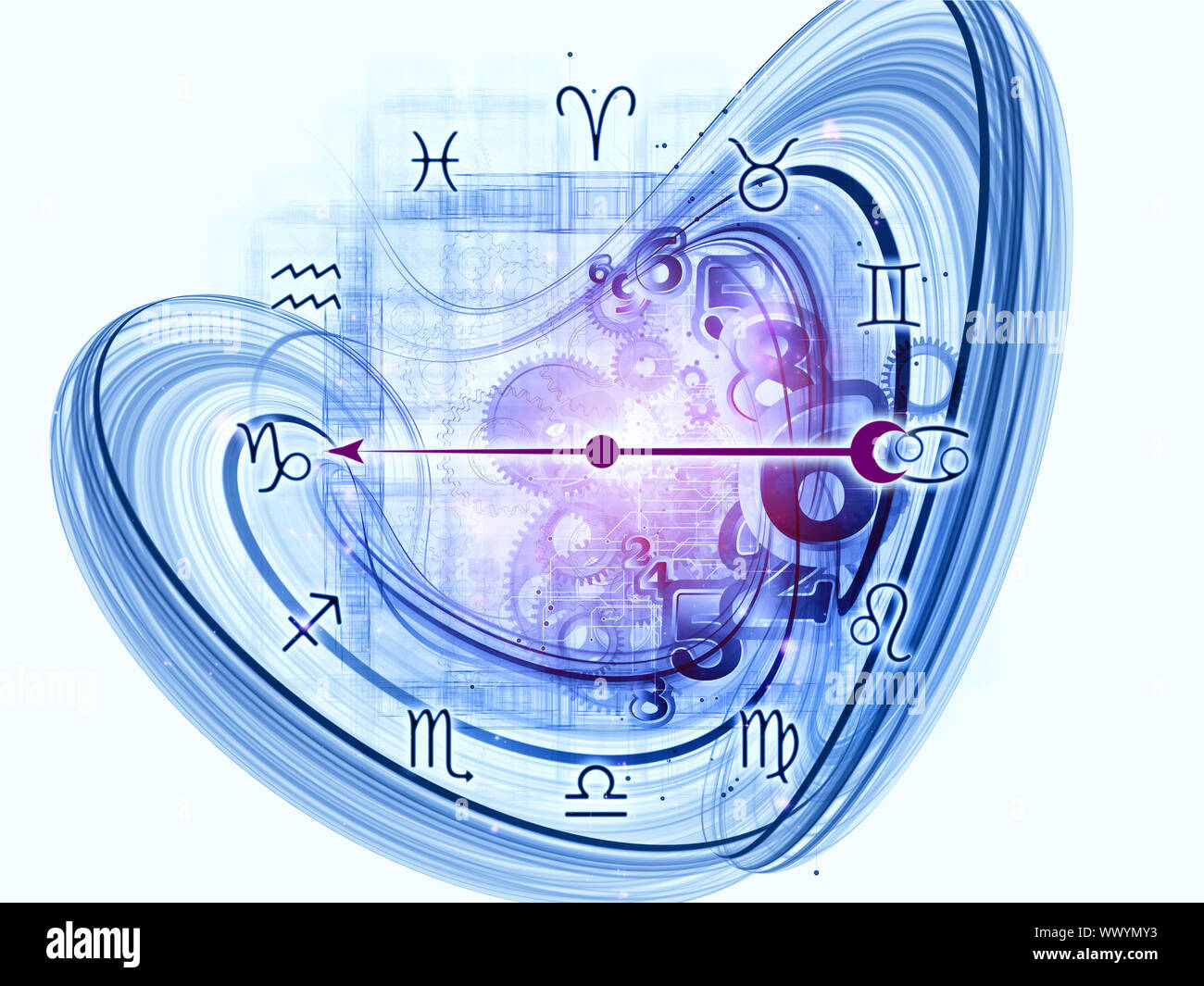 Interplay of Zodiac symbols, gears, lights and abstract design elements ...