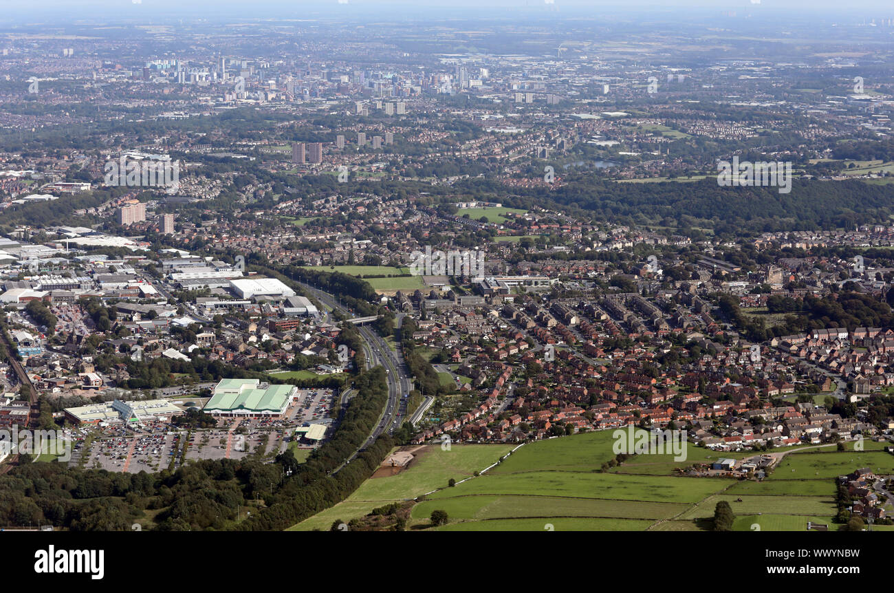 aerial view of Stanningley, the Owlcotes Shopping Centre  & Pudsey in relation to Leeds city centre, West Yorkshire, UK Stock Photo