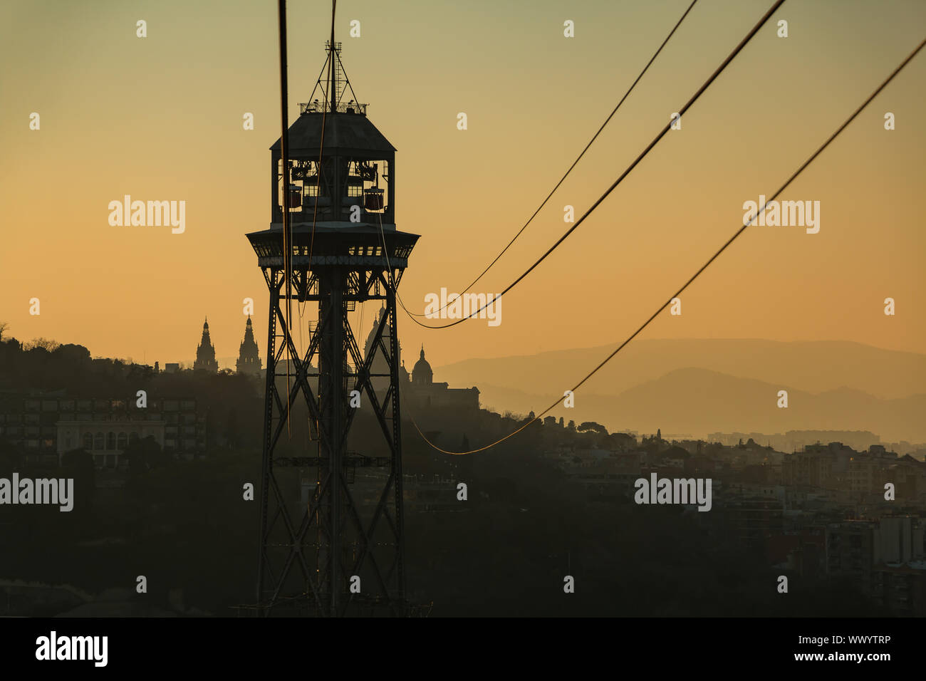 A picture of one of the Port Cable Car towers captured at sunset Stock ...