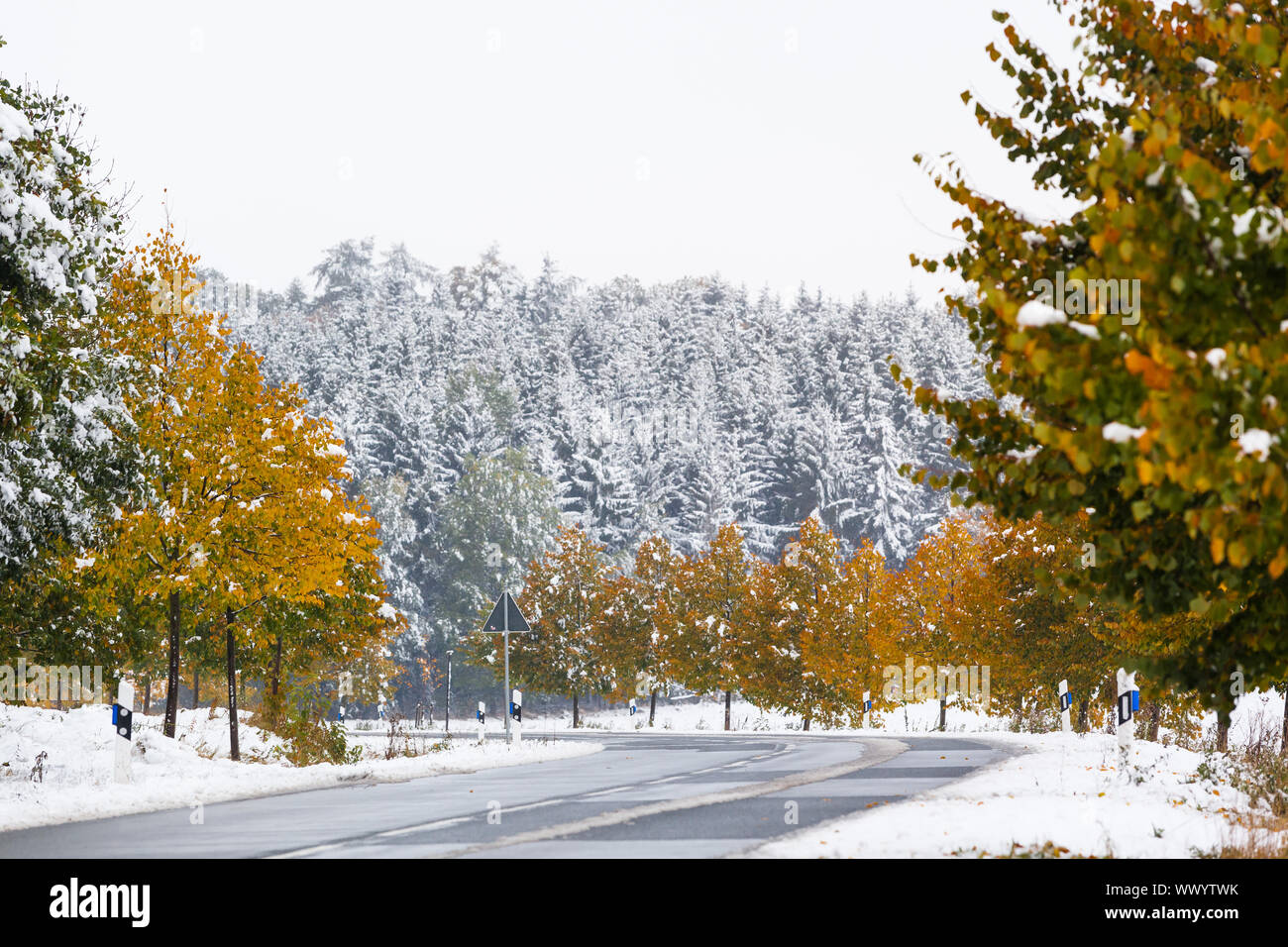 Snow-smooth roads in autumn Stock Photo