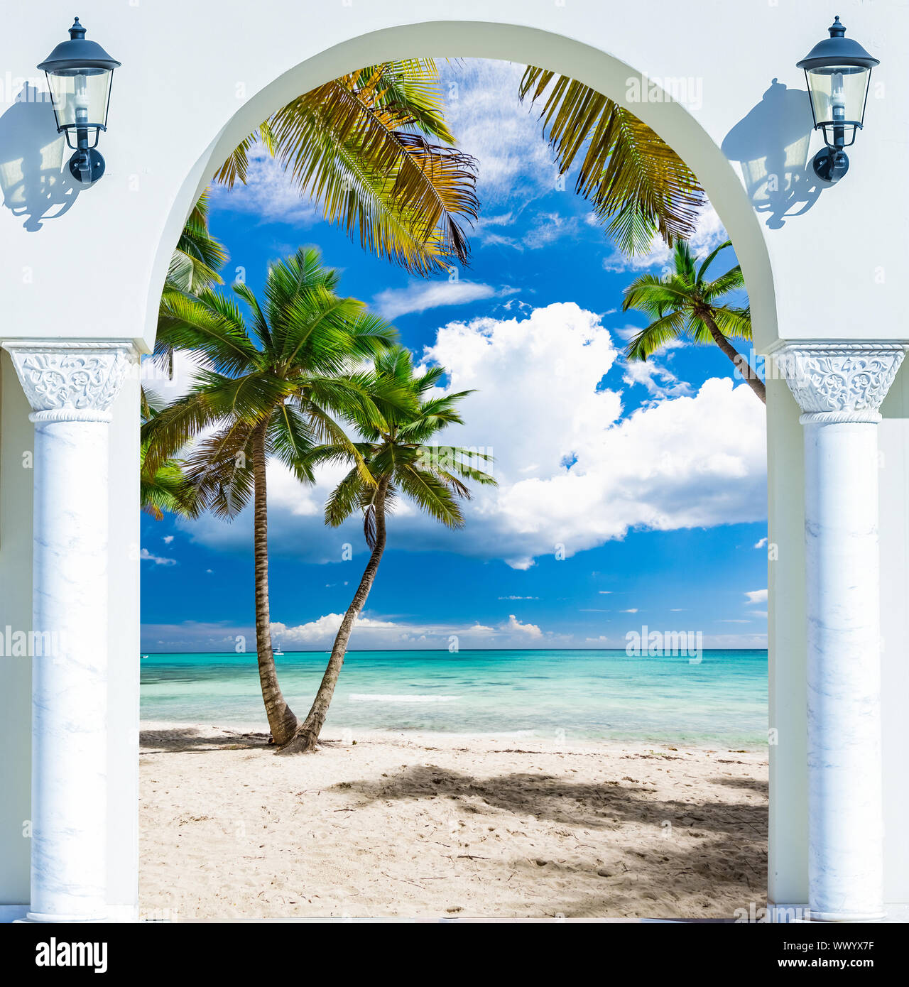 wooden open door arch exit to the beach caribbean dominican republic Stock Photo