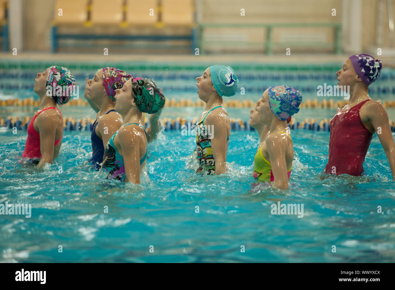 synchronized swimming presentation,  breathe deeply Stock Photo