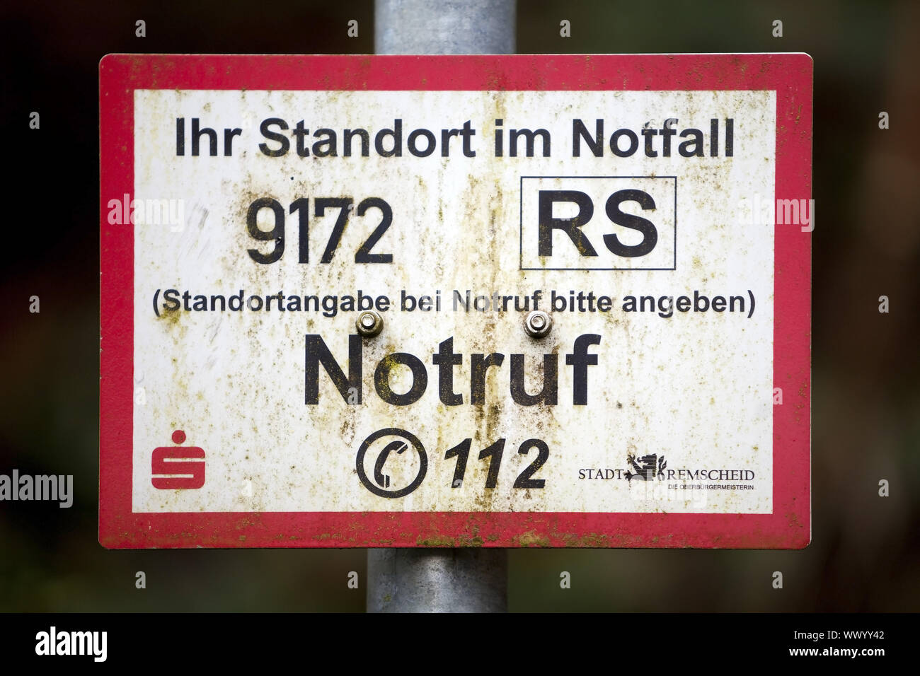 Sign for the location in case of emergency, Remscheid, North Rhine-Westphalia, Germany, Europe Stock Photo
