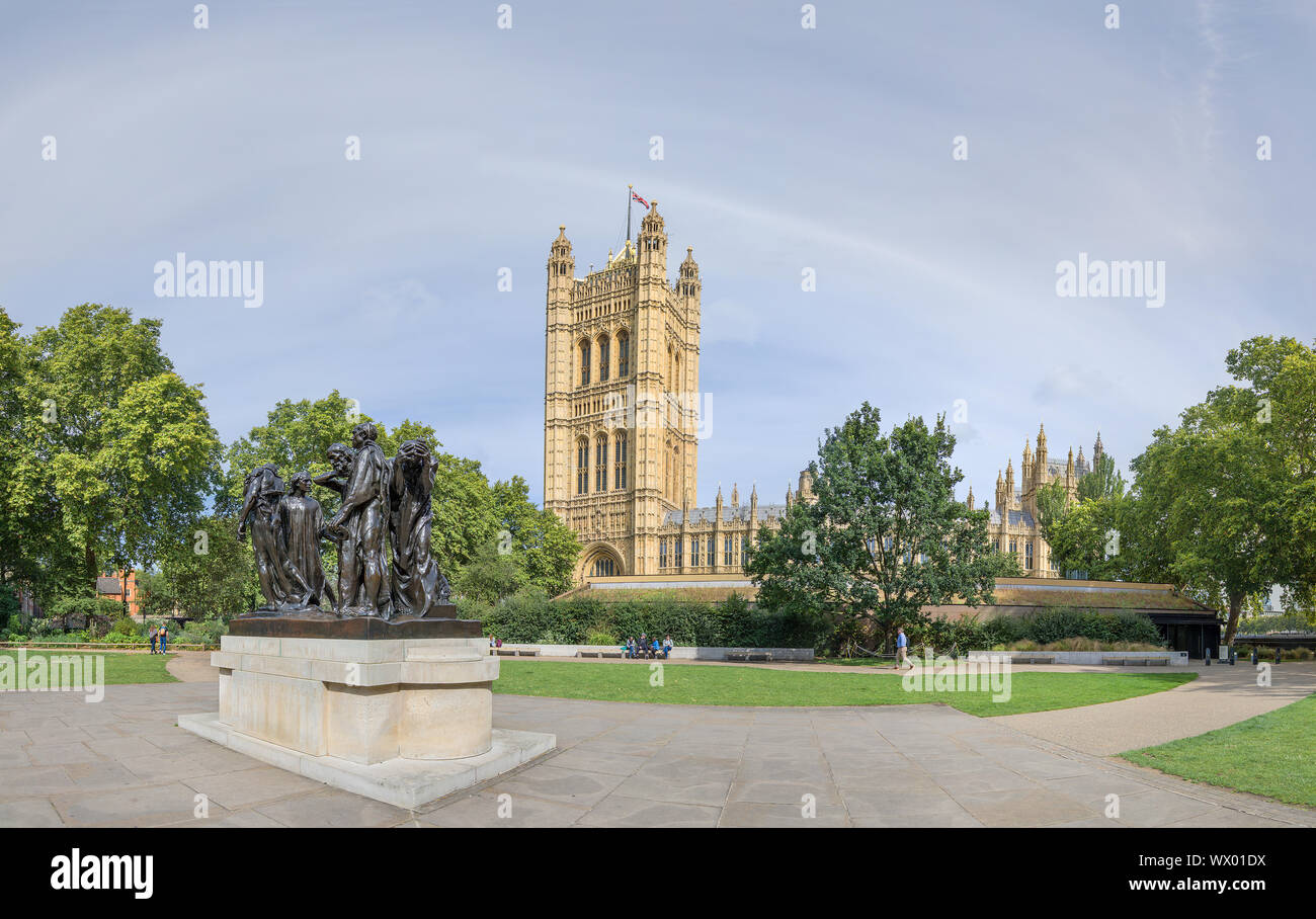 A bronze sculpture memorial by Rodin to the burghers of Calais in the Victoria tower park outside the Victoria tower of the House of Lords (Westminste Stock Photo