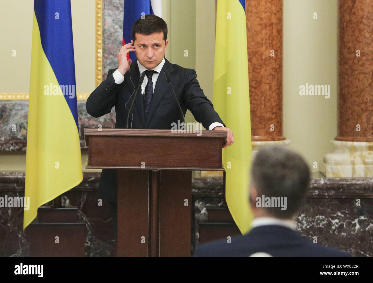 Kiev, Ukraine. 16th Sep, 2019. President of Ukraine Volodymyr Zelenskyy talks to media during the conference in Kiev, Ukraine, September 16, 2019. Credit: ZUMA Press, Inc./Alamy Live News Stock Photo