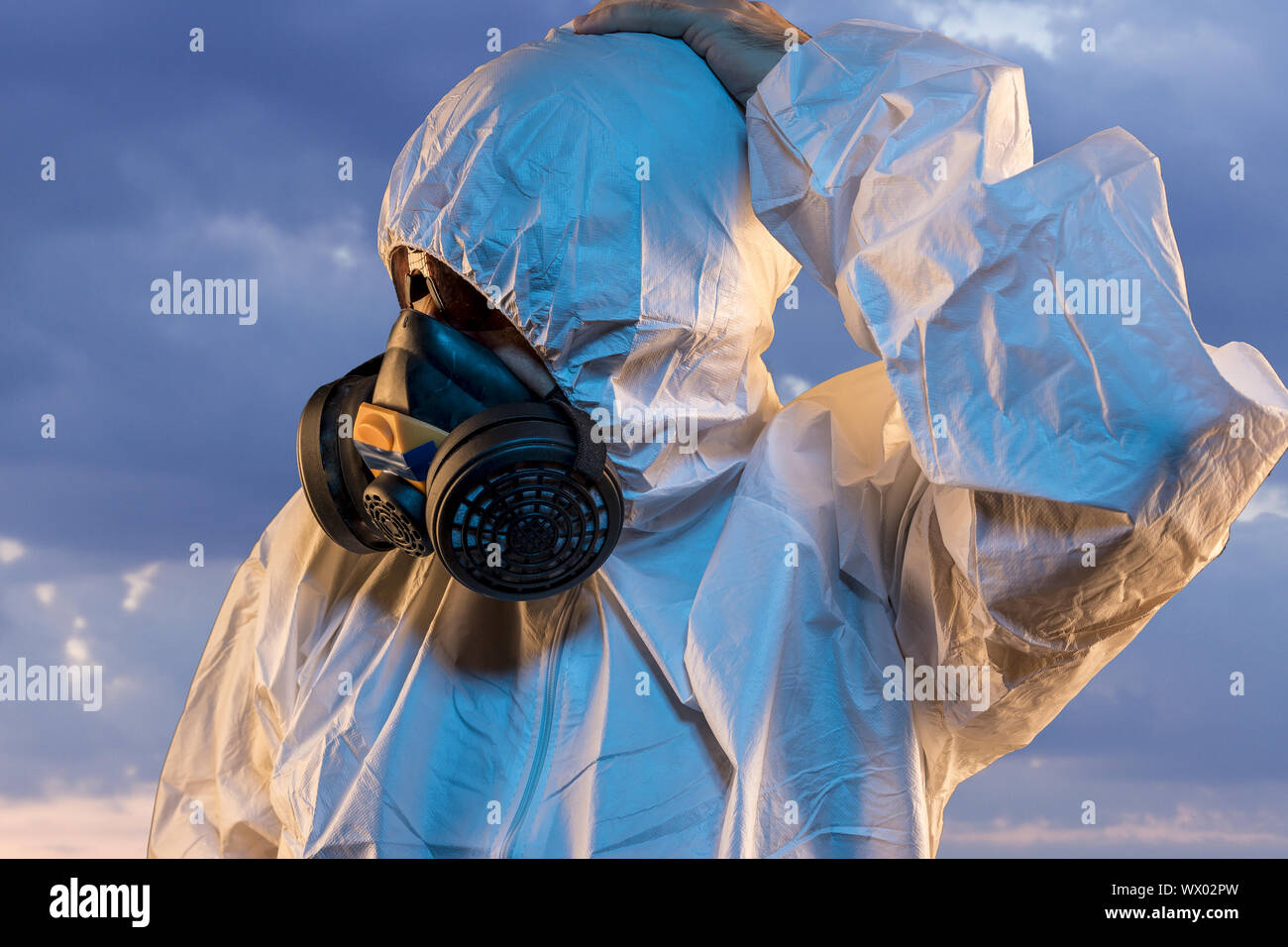 air contaminated by pollution, man with mask and protective suit