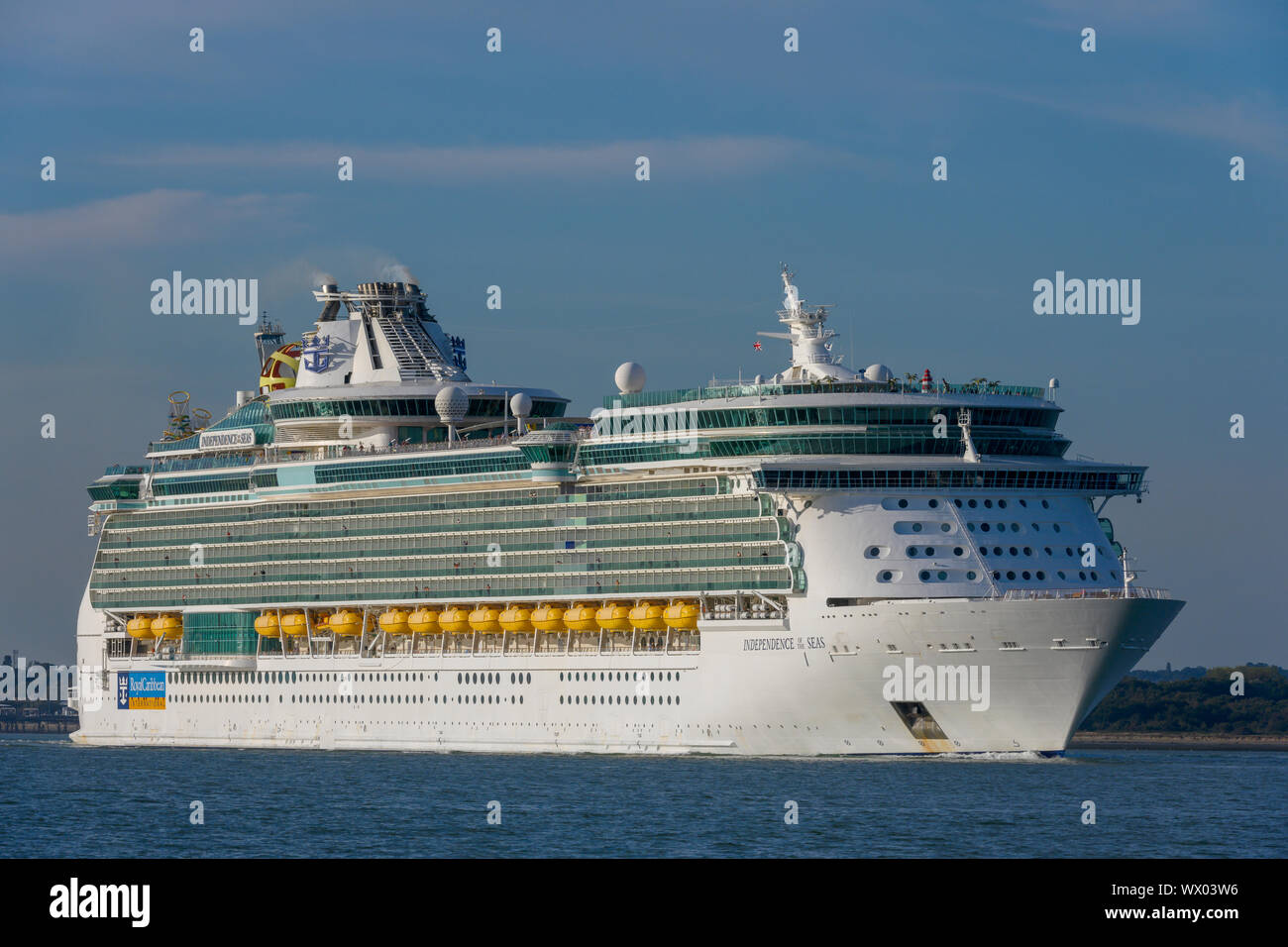 Independence of the Seas a Freedom-class cruise ship operated by The Royal Caribbean cruise line leaving Southampton, Hampshire, England, UK Stock Photo